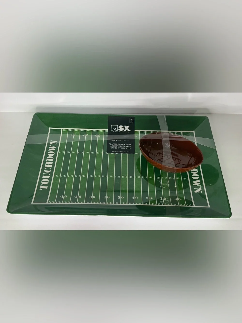 MSX  2 Piece Set Football Theme 100% Melamine Serving Platter & Dip Bowl -NWT